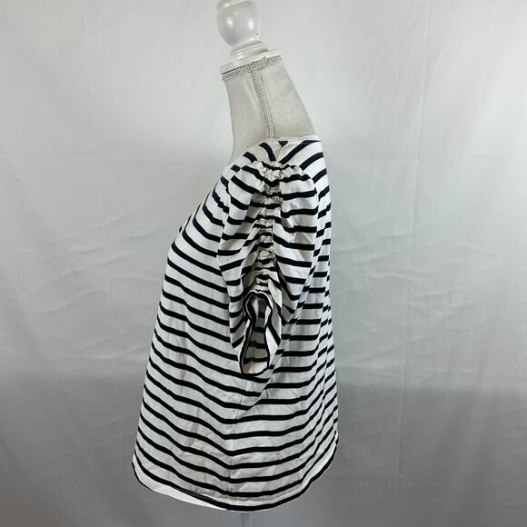 Kate Spade Top L White Black Stripe Short Ruched Sleeve - Picture 6 of 11
